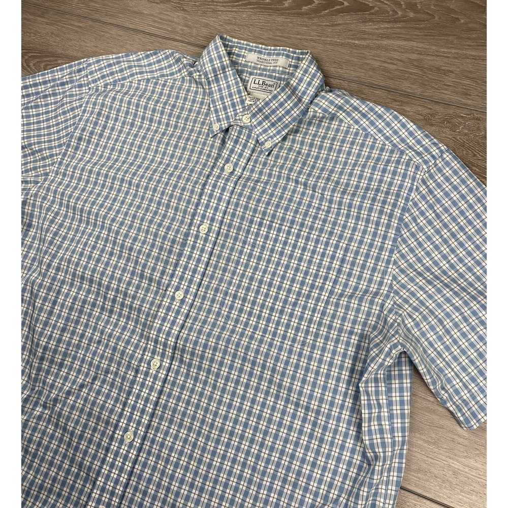LL Bean Mens Short Sleeve Plaid Button Down Shirt‎ Blue Size Large